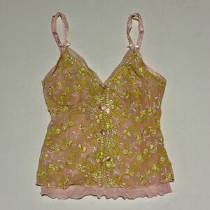 A.E.T. International Floral Mesh Camisole Womens Small Pink Green Y2K Babydoll
